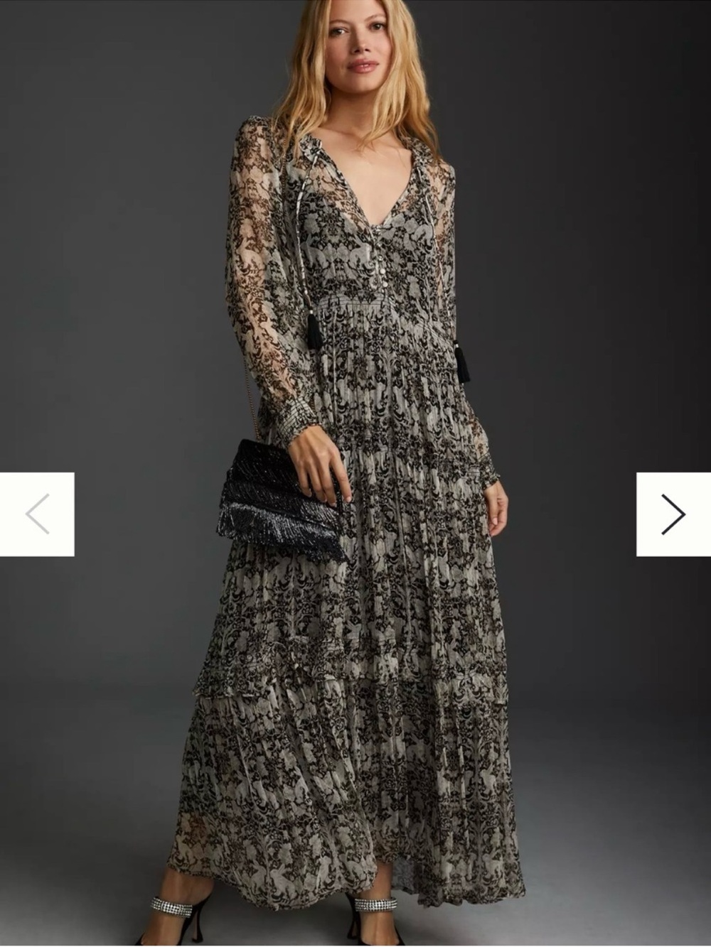 Anthropologie The Marais in Black White Rabbit Print Chiffon Maxi Dress Small